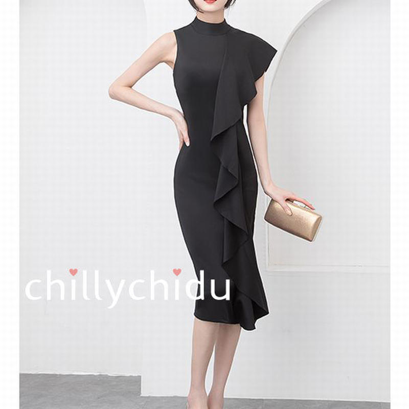 ワンピース ミディアム丈 タイト フリルエッジ エレガント 黒 Chillychidu