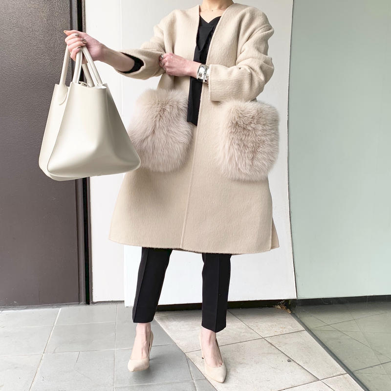 ノーカラーフォックスファーポケットコート Selectshop Kusukusu