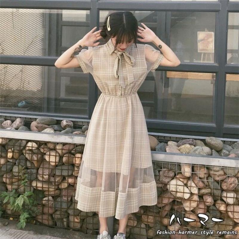Lala Melty 春夏秋シースルー ワンピース レディース グレンチェック 半そで 透け
