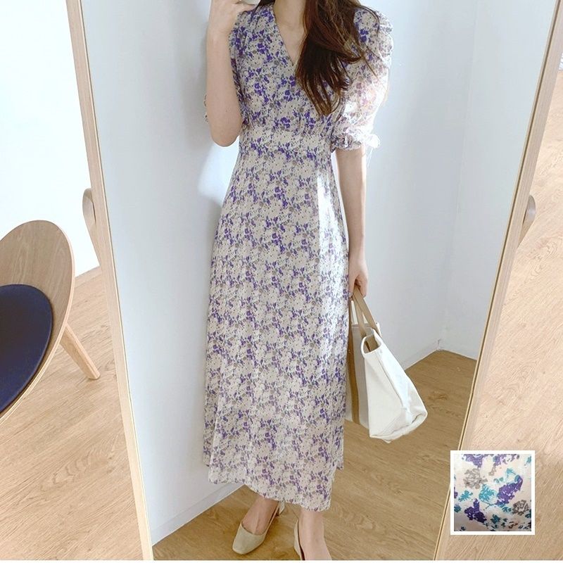取り寄せ品 くすみカラーで大人可愛い Vネック タイ付き ロングワンピース Lavend
