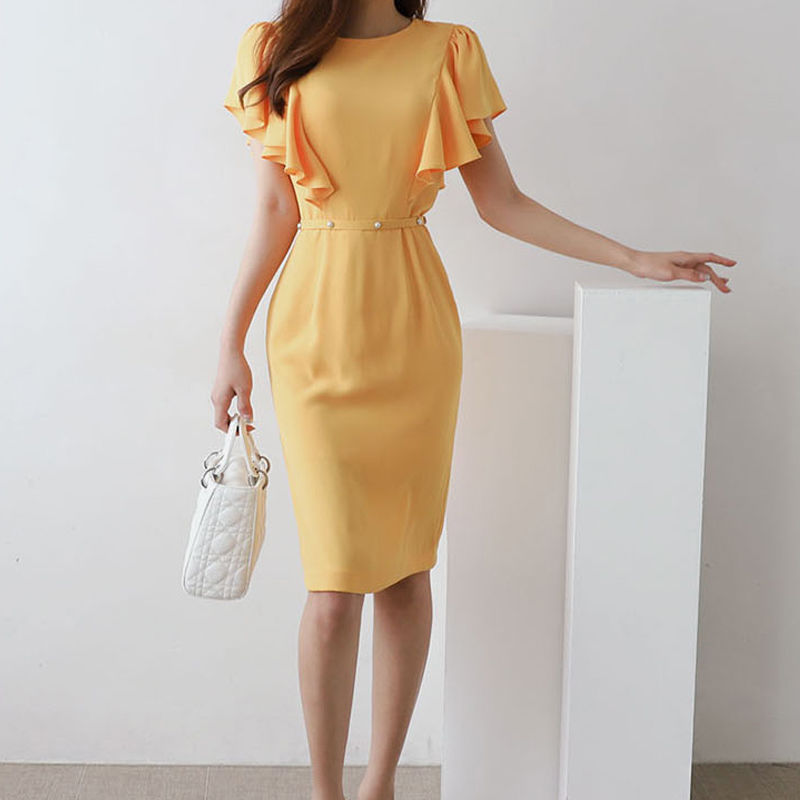 取り寄せ品 フリル使いがキュート ひざ丈 ペンシルワンピース Lavenderlane