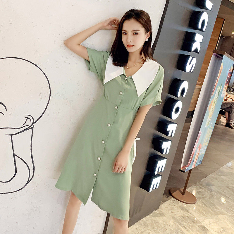 取り寄せ品 バイカラー 襟付き 半袖 ひざ丈 フロントボタン ワンピース Lavende