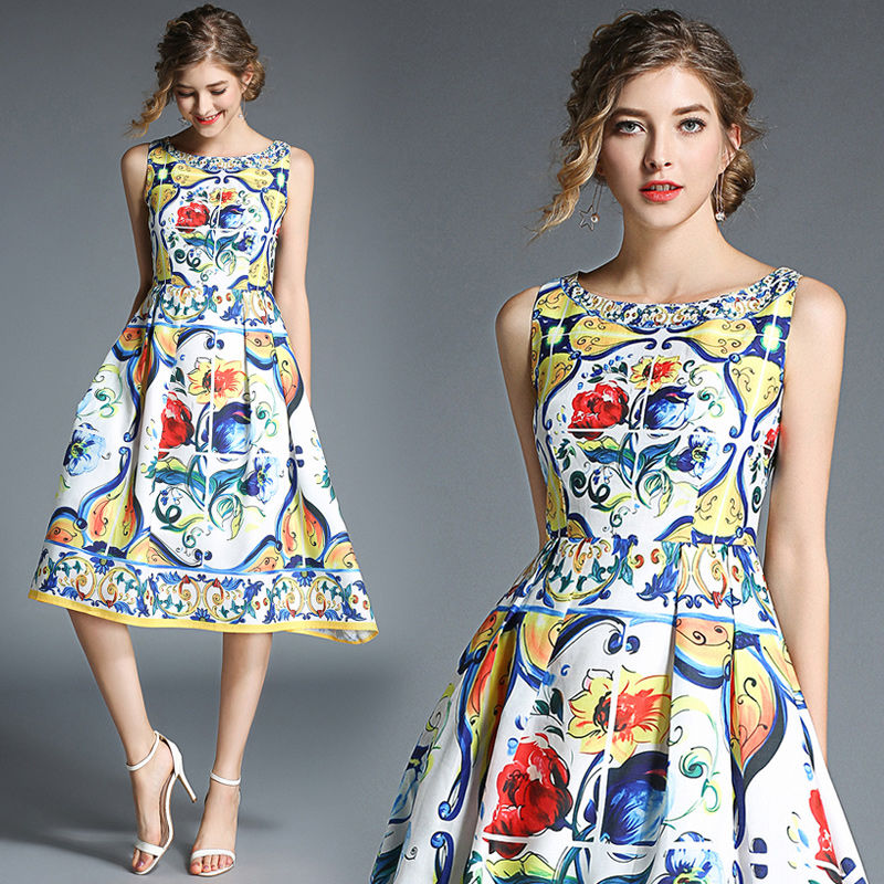 取り寄せ品 フローラルプリント Aライン ノースリーブ ワンピース Lavenderla