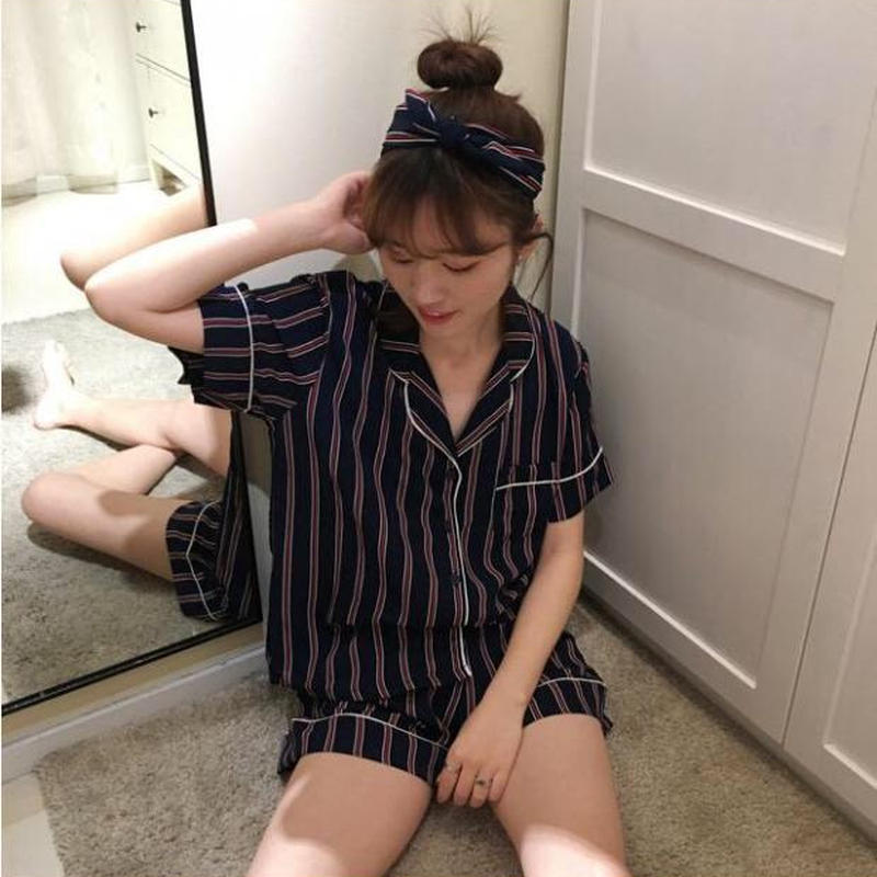 ストライプパジャマ 半袖シャツ ショーパン ヘアバンド 部屋着 ルームウェア 全2色 Li ストライプパジャマ 半袖シャツ ショーパン ヘアバンド 部屋着 ルームウェア 全2色 Li