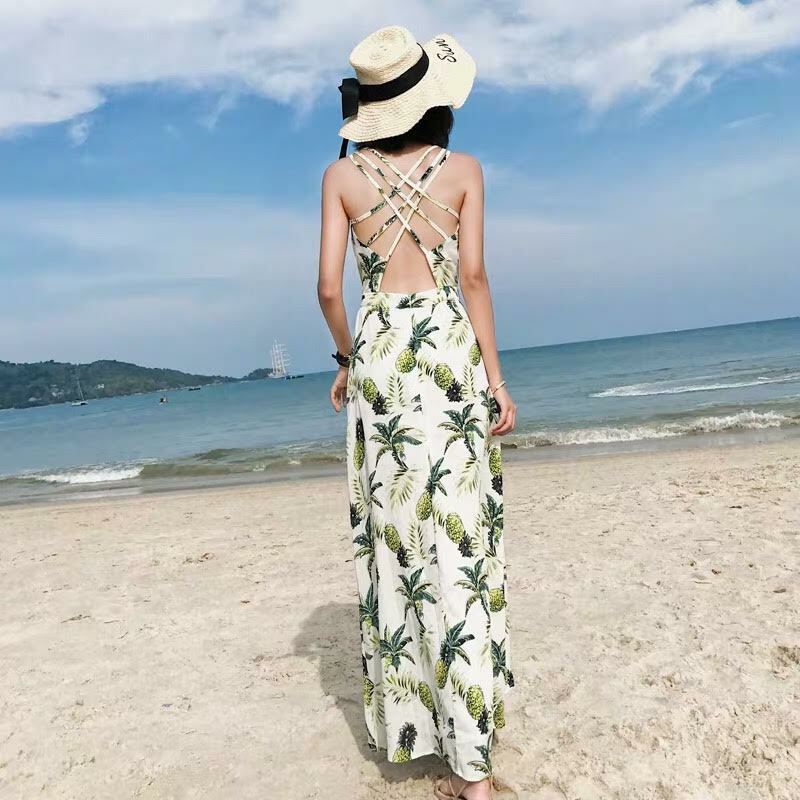 パイナップル柄 クロスストラップ Vネックマキシワンピース リゾートワンピース Liliana