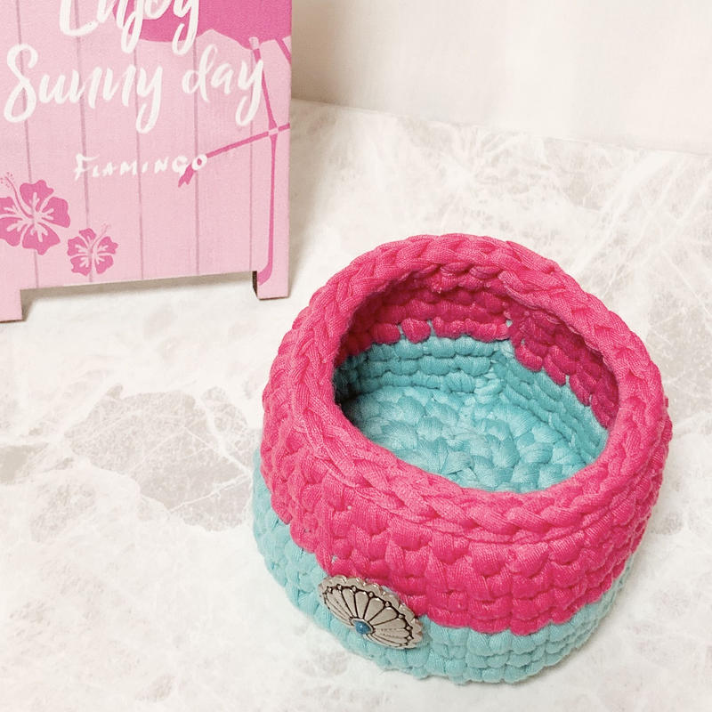 ズパゲッティ 小物入れ ターコイズブルー ピンク Lino Handmade