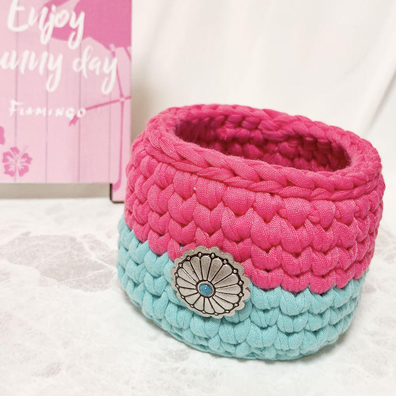 ズパゲッティ 小物入れ ターコイズブルー ピンク Lino Handmade