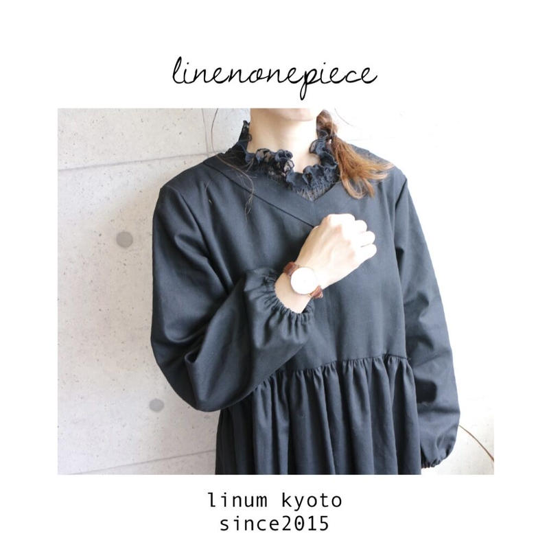 リネンワンピース しっかりコットンリネンで魅せる 大人のvネック切り替えギャザーロングワンピ