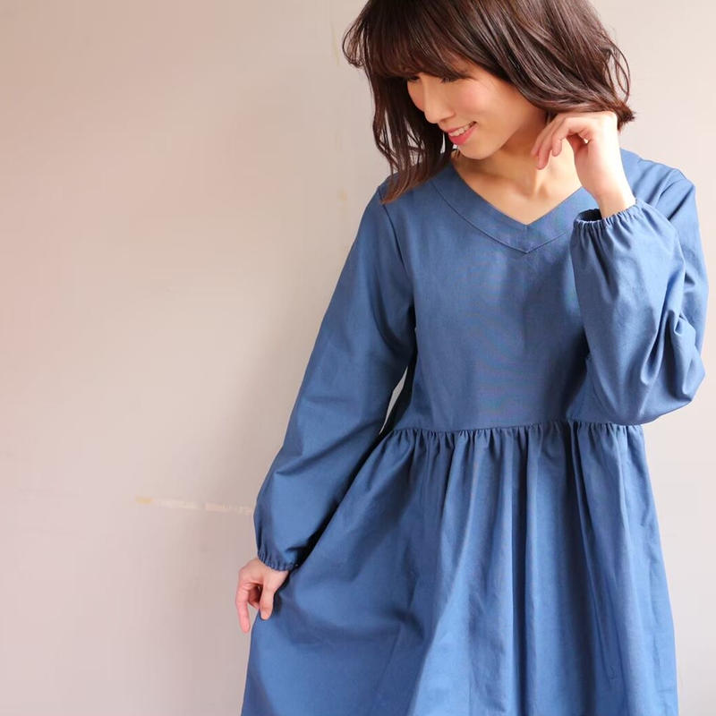 リネンワンピース しっかりコットンリネンvネック切り替えギャザーワンピース 綿麻 リネンギャ