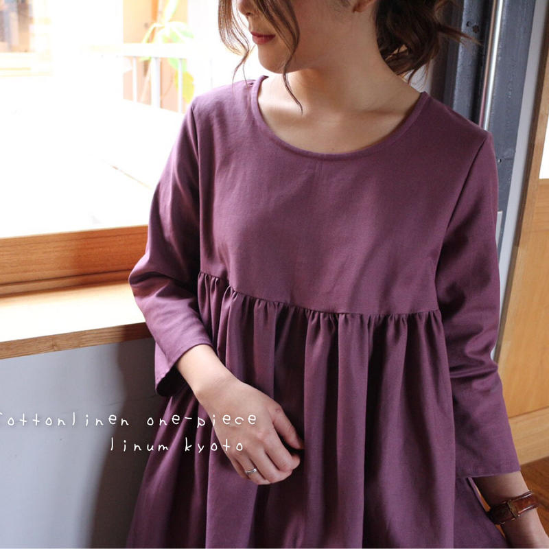リネンワンピース しっかりコットンリネン胸元切り替えギャザーロングワンピース リネンギャザー