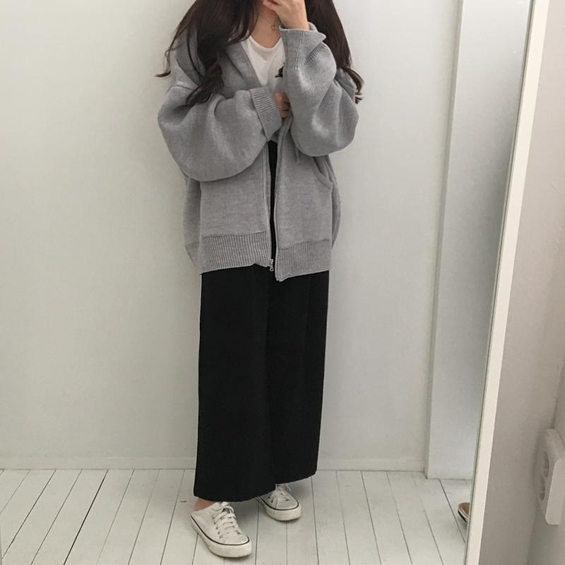 フード付 ニット カーディガン アウター レディース グレー パーカー ボリューム袖 パフ袖