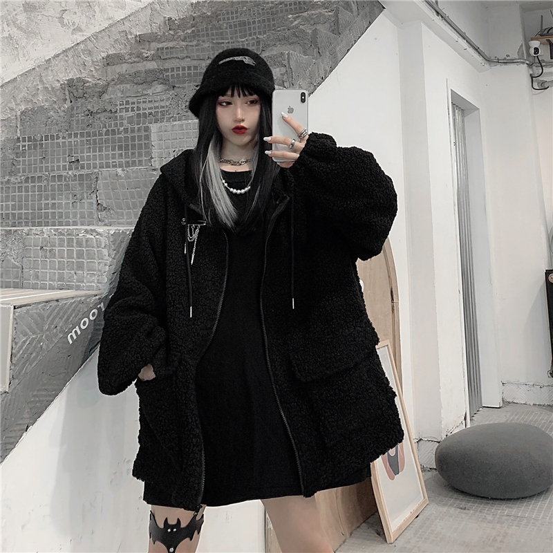 悪魔の角 フード ボアジャケット ボアブルゾン ラムウール 韓国ファッション レディース ボア