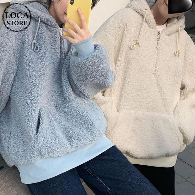 ボアパーカー ハーフジップ プルオーバー 韓国ファッション レディース ゆったり フード 体型