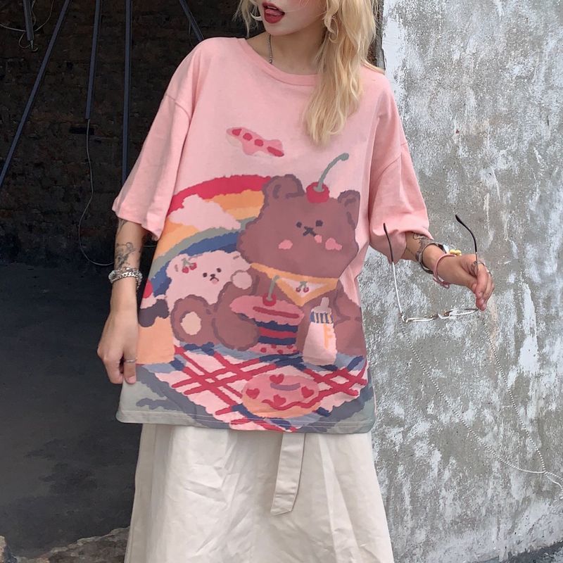 レディース 可愛いクマプリント Tシャツ ゆったり 半袖 インスタ映え ストリート 韓国ファッ