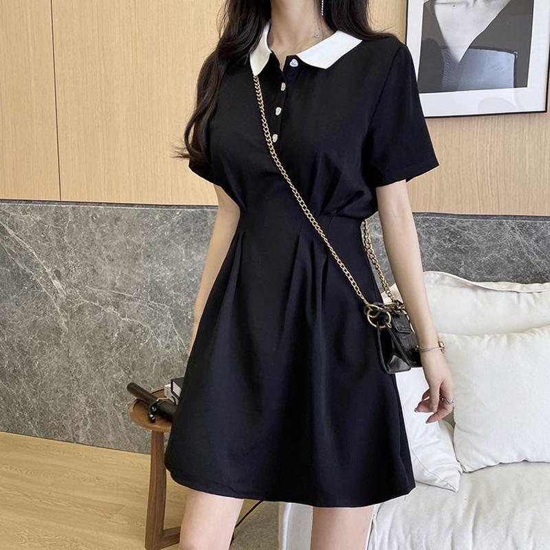ポロワンピース ハート型ボタン 半袖 ショート丈 ハイウエスト Aライン 韓国ファッション レ