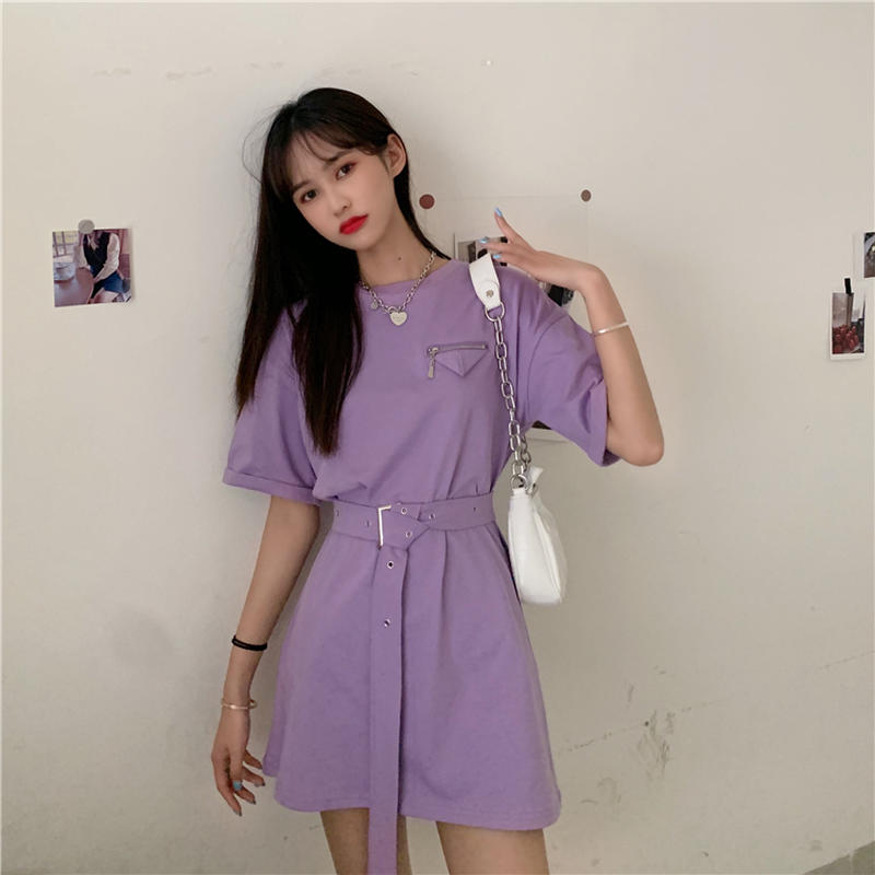 Tシャツ ワンピース ベルト付き 韓国ファッション レディース 無地 ラウンドネック オーバー