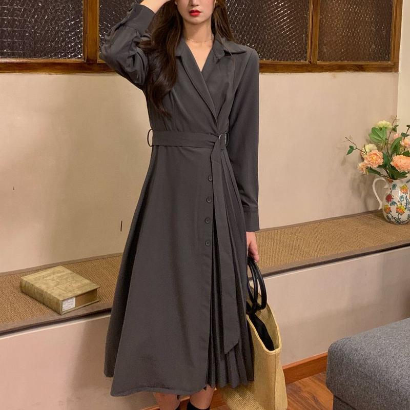 コート風 ワンピース 切り替え プリーツスカート ウエストマーク シングルブレスト ロング丈