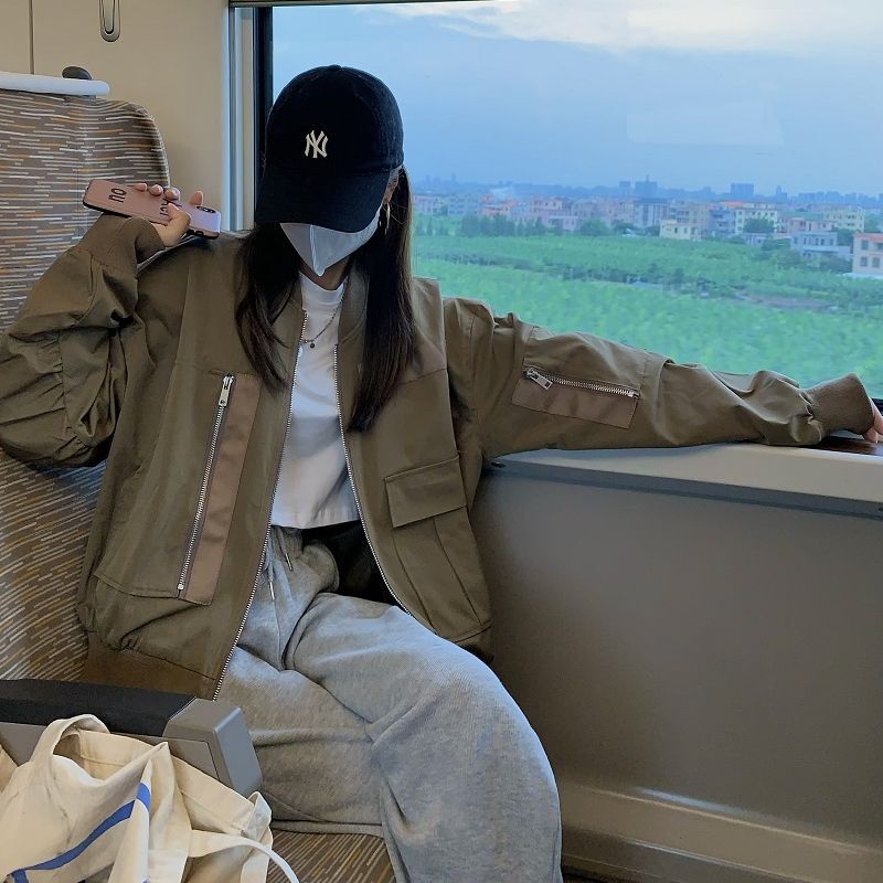 ミリタリー風 ブルゾン ジャンパー Ma 1 ポケット 薄手 ルーズ 韓国ファッション レディ