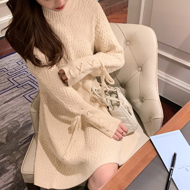 ニットワンピース 袖レースアップ 韓国ファッション レディース ワンピース ニット 編み上げ
