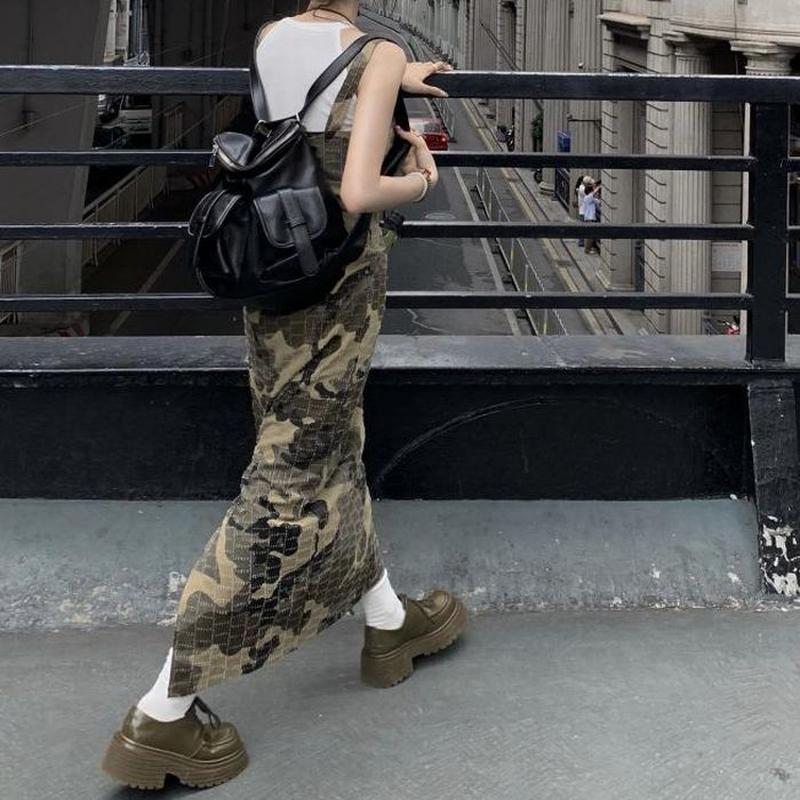 カモフラージュ柄 デニムジャンパースカート ハイウエスト 迷彩柄 ジャンスカ レトロ 韓国ファ