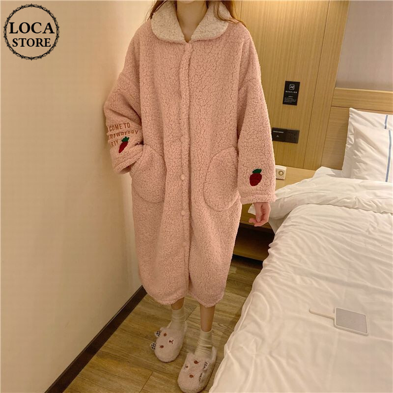 ルームウェア パジャマ ナイトガウン ボア フリース 長袖 いちごパッチ ピンク 韓国ファ