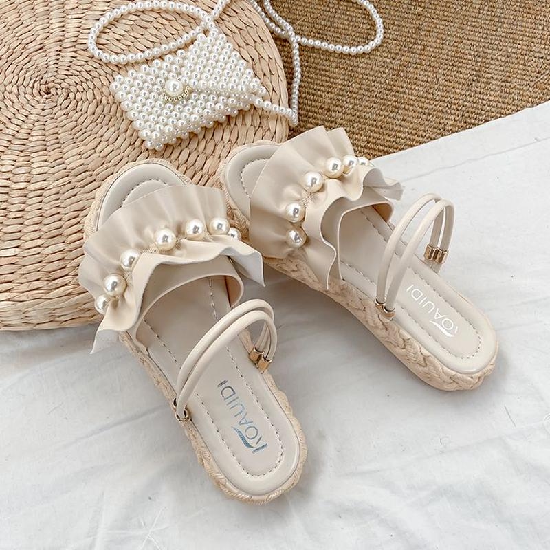 フリルサンダル パール付き アンクルストラップ コンフォートサンダル ローヒール 韓国ファッシ フリルサンダル パール付き アンクルストラップ コンフォートサンダル ローヒール 韓国ファッシ