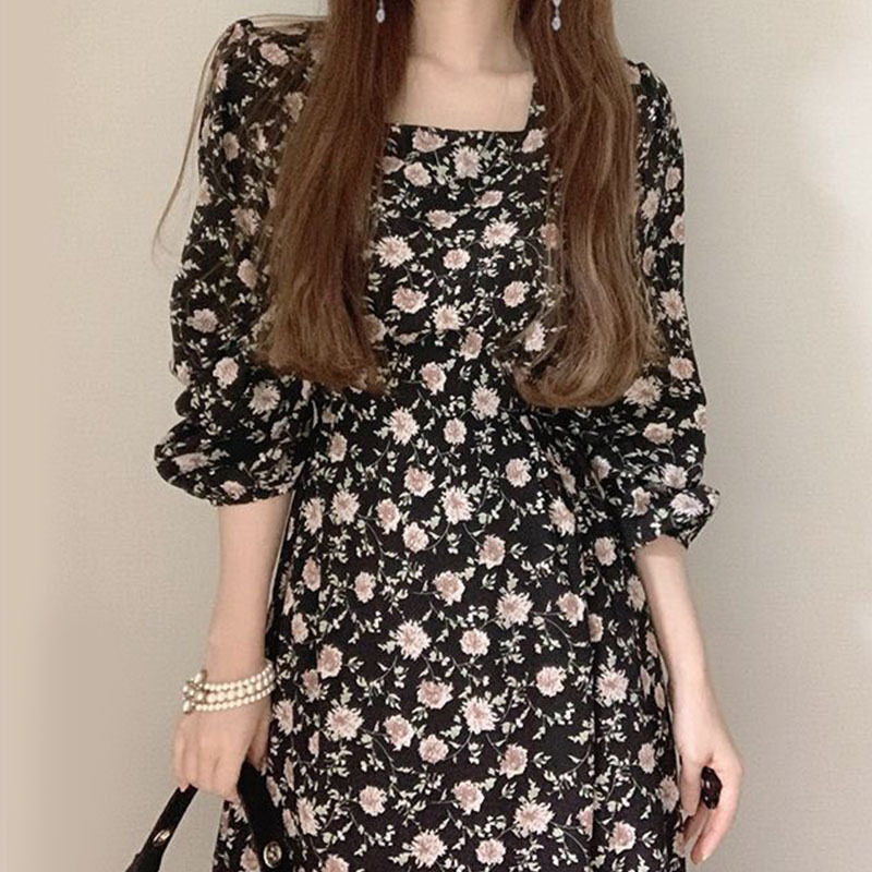 花柄ワンピース 長袖 スクエアネック 薄い ロングワンピース ハイウエスト 韓国ファッション
