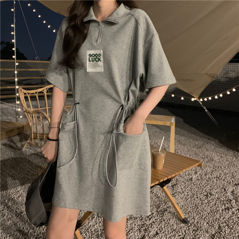 ポロワンピース ウエストマーク ジップアップ 半袖 ポケット 薄手 韓国ファッション レディー