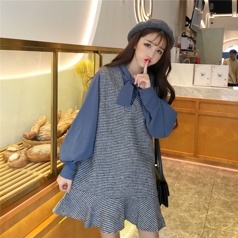 韓国ファッション セットアップ ボウタイブラウス 千鳥柄ワンピース レディース フリル裾