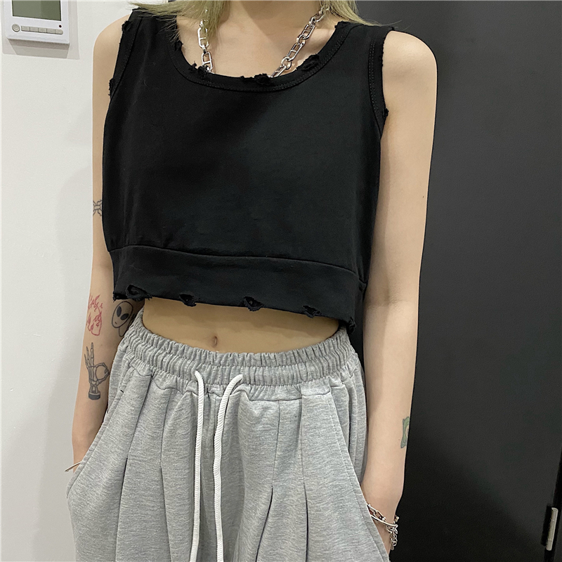 クロップド タンクトップ ダメージ加工 ショート丈 ルーズ 韓国ファッション レディース カジ
