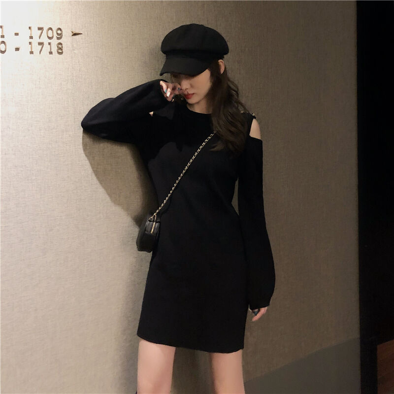 オープンショルダー ニットワンピース ミニ丈 クルーネック ハイウエスト 長袖 薄手 レトロ