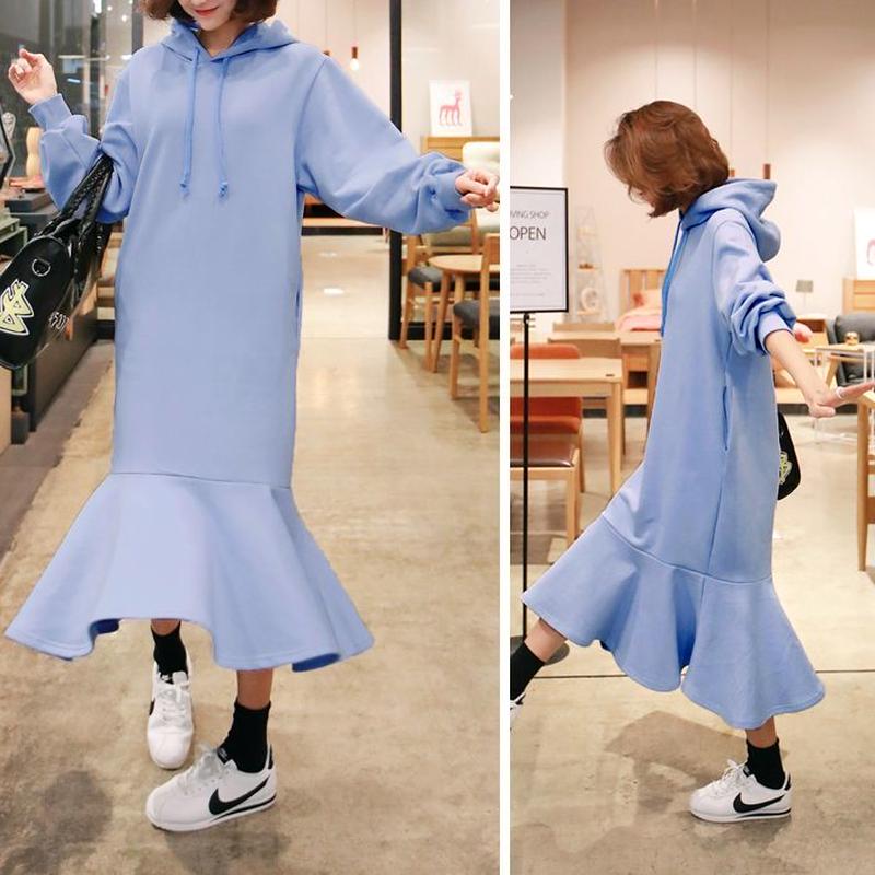 レディース パーカーワンピース フィッシュテール 裾フリル ドロップショルダー パーカー ロン レディース パーカーワンピース フィッシュテール 裾フリル ドロップショルダー パーカー ロン