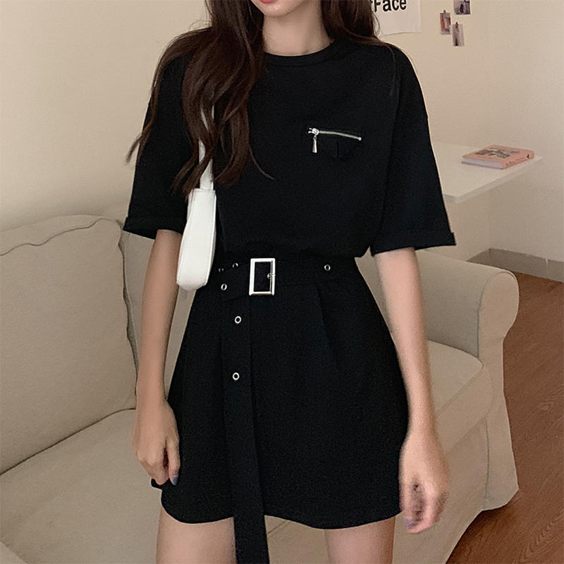 Tシャツ ワンピース ベルト付き 韓国ファッション レディース 無地 ラウンドネック オーバー