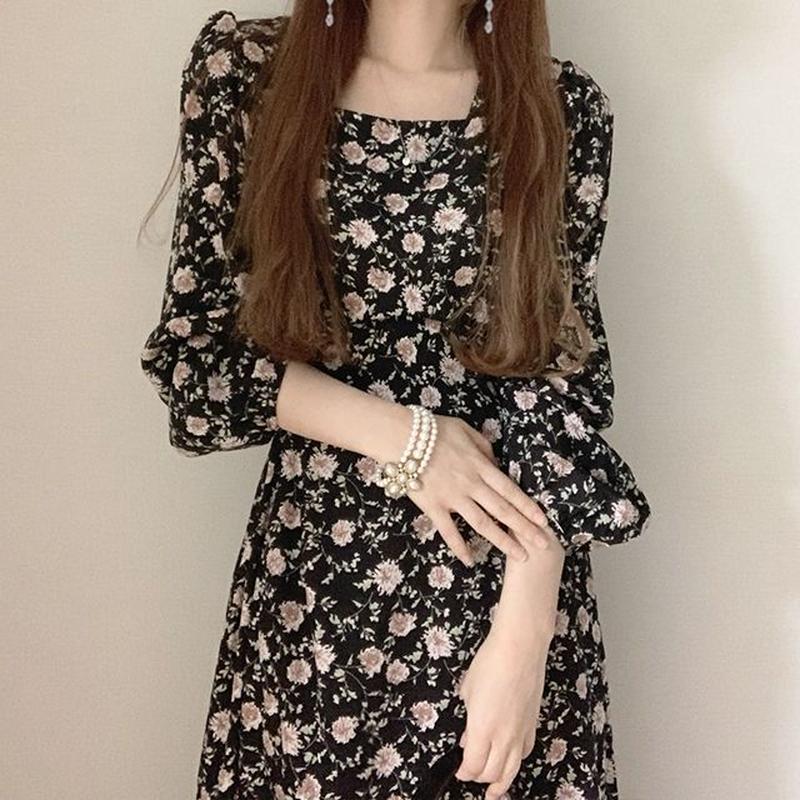 花柄ワンピース 長袖 スクエアネック 薄い ロングワンピース ハイウエスト 韓国ファッション 花柄ワンピース 長袖 スクエアネック 薄い ロングワンピース ハイウエスト 韓国ファッション