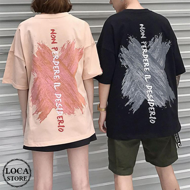 2カラー ユニセックス メンズ レディース ペア バックプリント Tシャツ 半袖 ロゴ 幾何