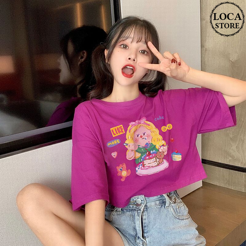Tシャツ 半袖 ショート丈 パープル 韓国ファッション レディース トップス ラウンドネック