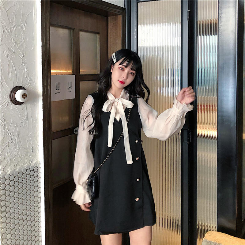 ワンピース フェイクレイヤード ボウタイ ブラウス ジャンパースカート 韓国ファッション レデ