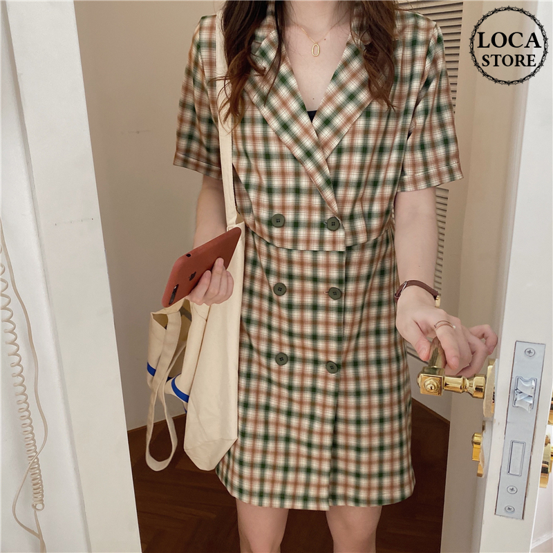 チェック柄 ワンピース ジャケット風 Aライン 韓国ファッション レディース ダブルボタン 半