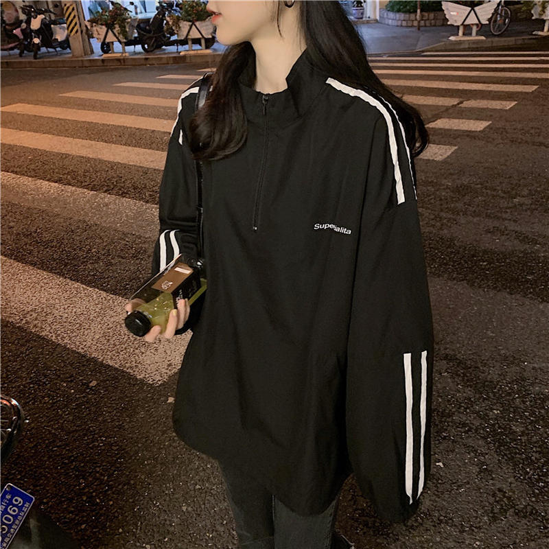 ハーフジップ プルオーバー トップス 韓国ファッション レディース 袖ライン ジャージ スポー