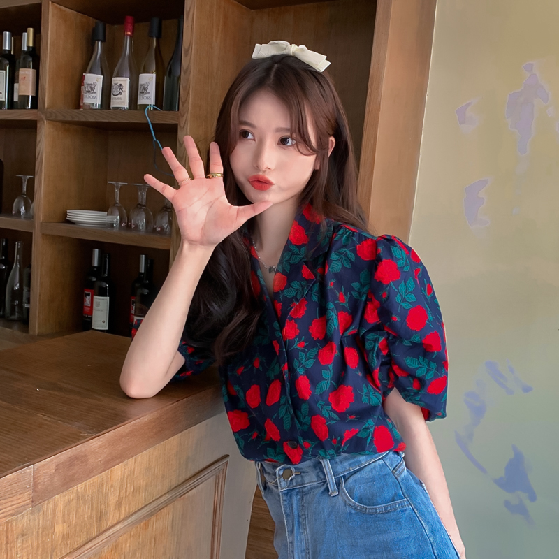 花柄 シャツ パフスリーブ 半袖 薔薇 開き襟 ルーズ レトロ 韓国ファッション レディース