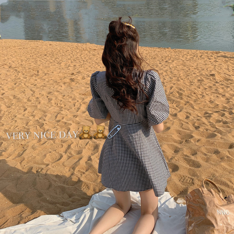 ギンガムチェック ワンピース Vネック 半袖 韓国ファッション レディース リボンタイ ミニ丈