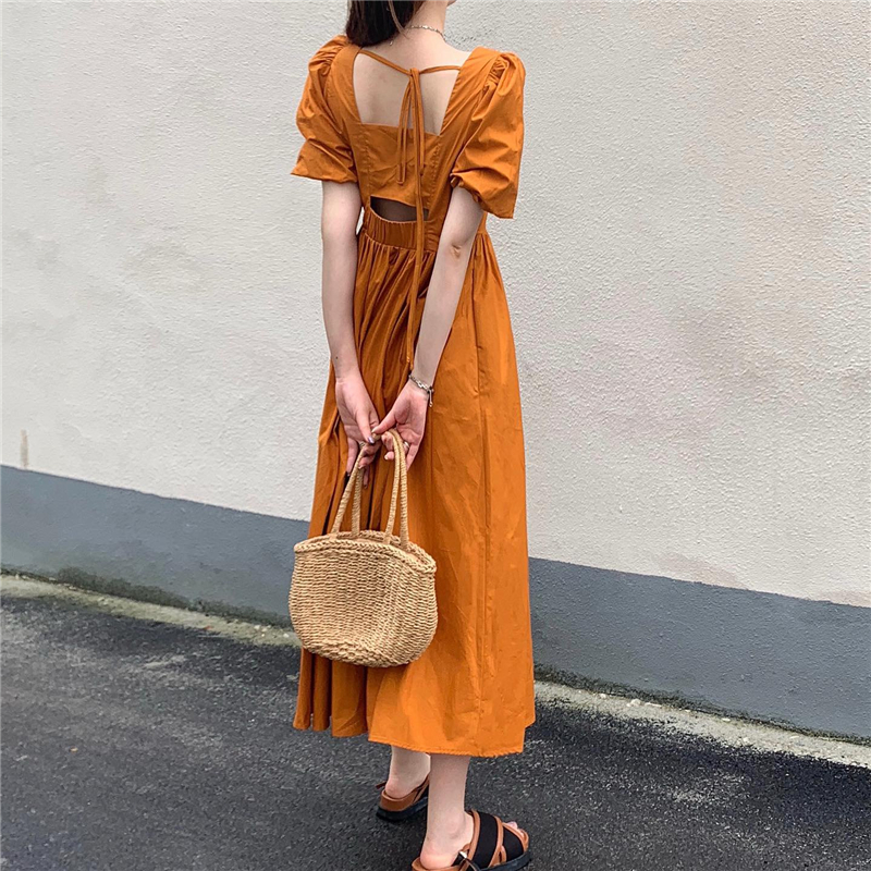 オープンバック ワンピース スクエアネック フレア ロング丈 背中開き 背中見せ ハイウエスト