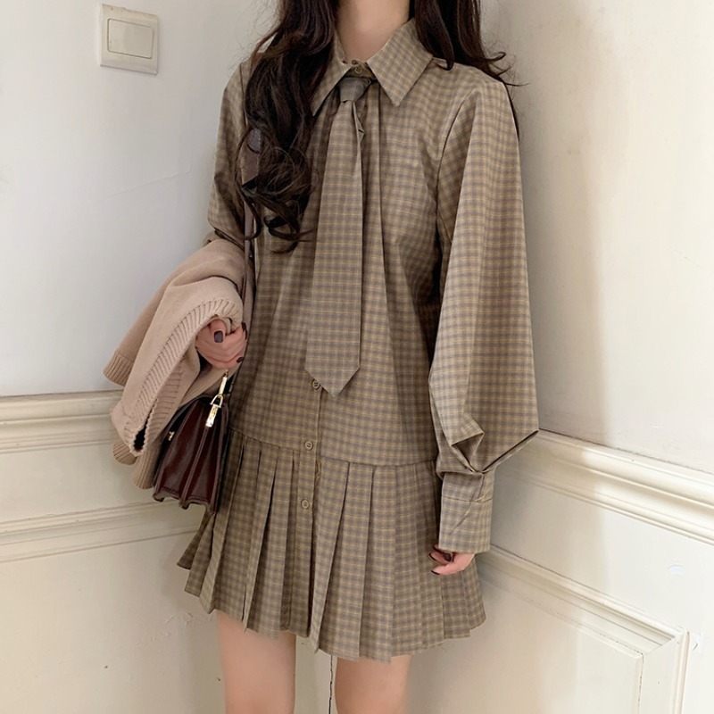 セットアップ ニットベスト ワンピース チェック柄 韓国ファッション レディース ボウタイ