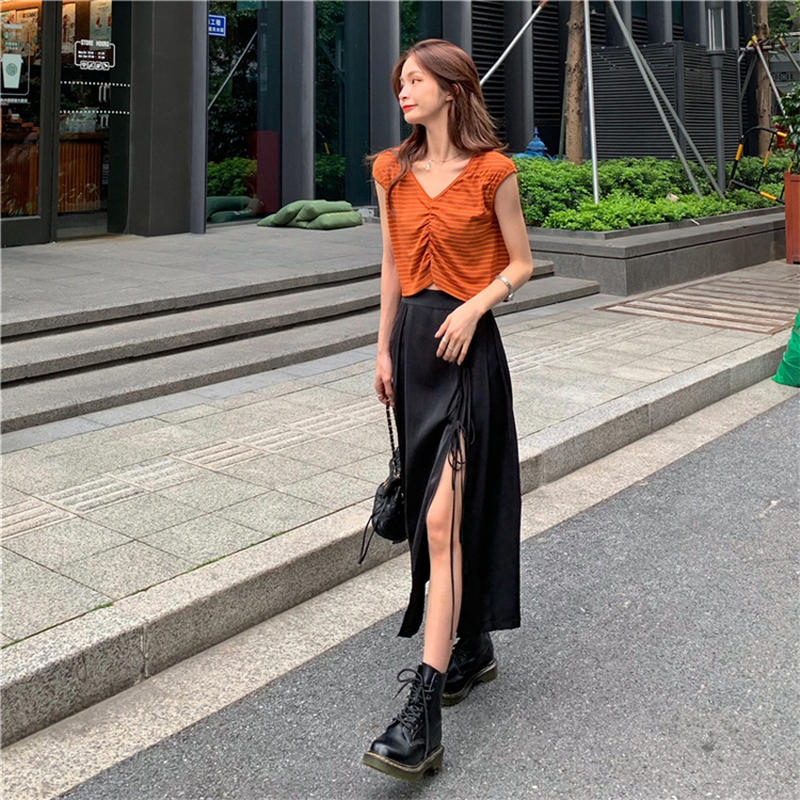 スカート ロング丈 深スリット Aライン 韓国ファッション レディース スリットスカート ロン