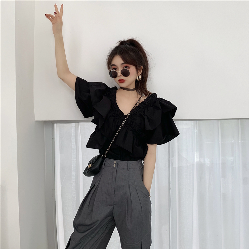 2way ブラウス オフショルダー Vネック フリル 半袖 韓国ファッション レディース トッ