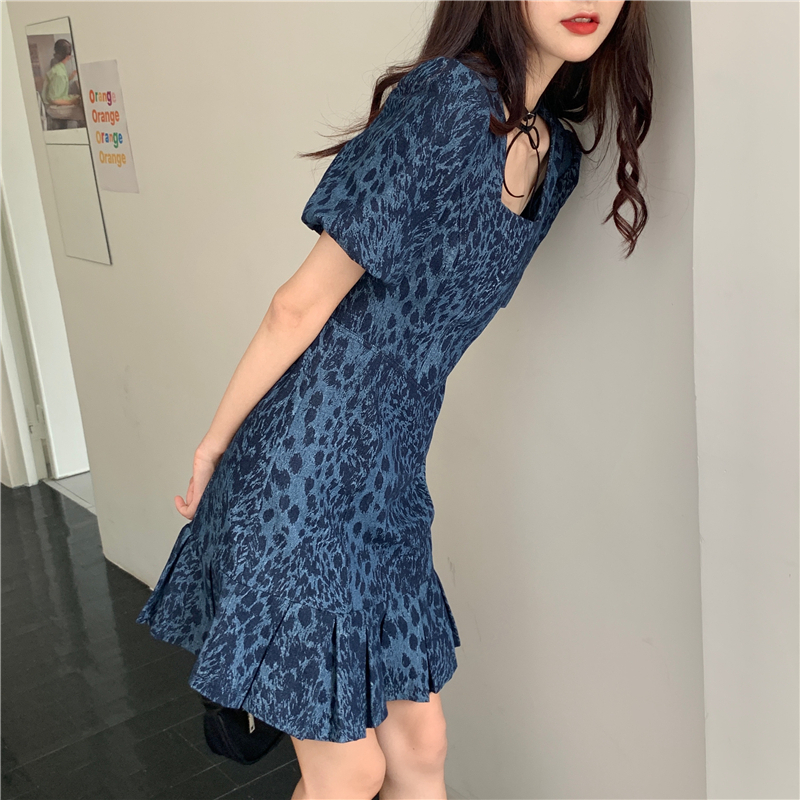 ヒョウ柄 ワンピース スクエアネック レオパード柄 パフ袖 薄手 ハイウエスト 半袖 韓国ファ