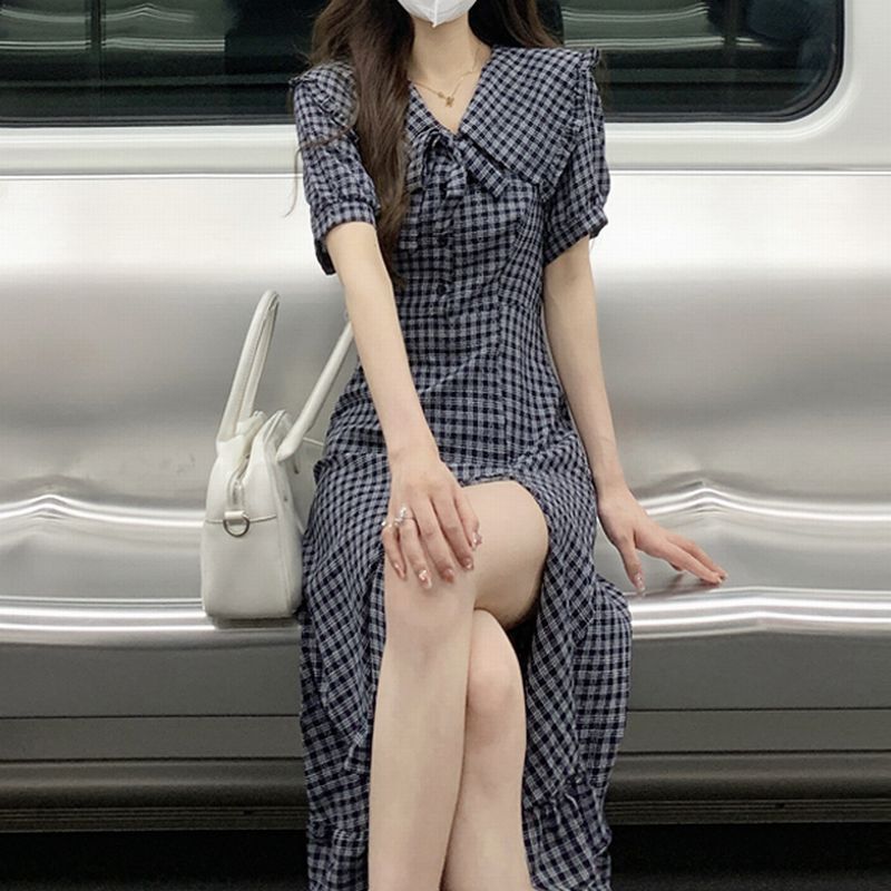 チェック柄 スリット ワンピース リボンタイ 大きい襟 ハイウエスト 半袖 レトロ 韓国ファッ