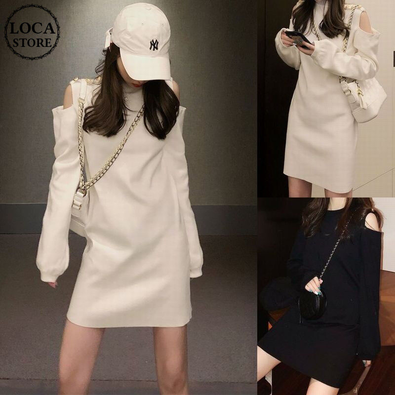 オープンショルダー ニットワンピース ミニ丈 クルーネック ハイウエスト 長袖 薄手 レトロ