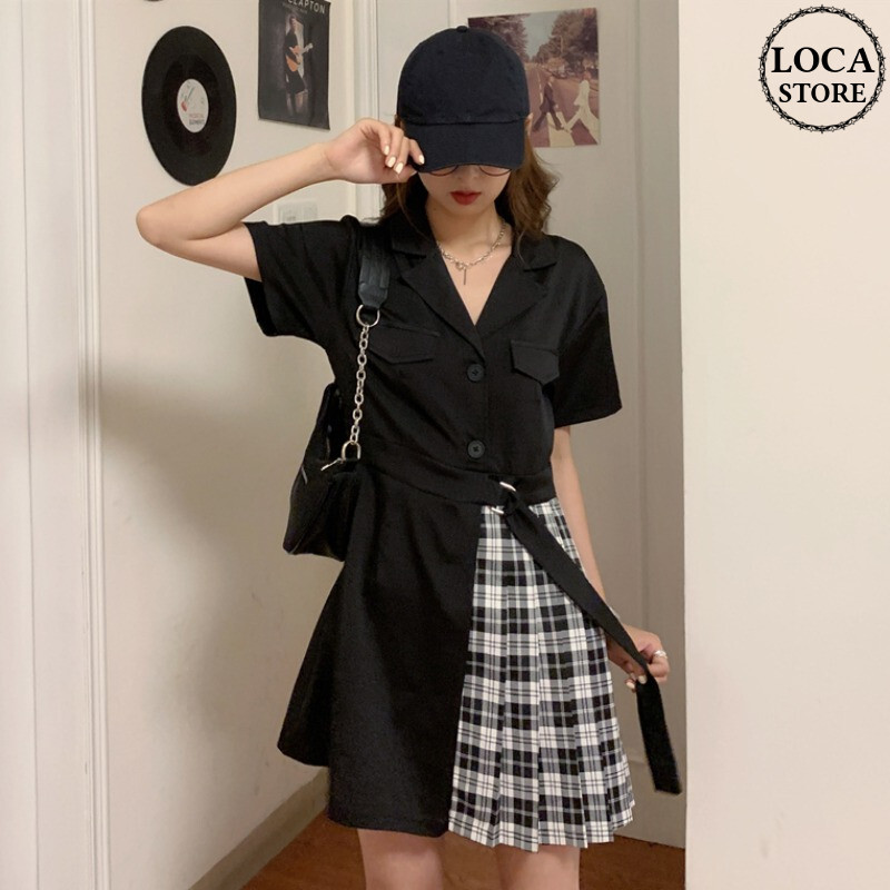 バイカラー 無地 チェック柄 ワンピース 韓国ファッション レディース シャツワンピース