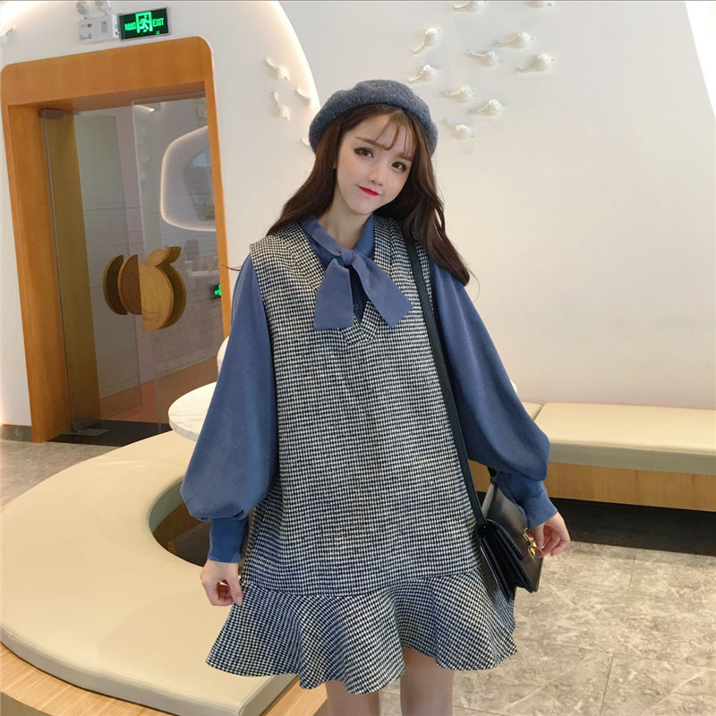 韓国ファッション セットアップ ボウタイブラウス 千鳥柄ワンピース レディース フリル裾